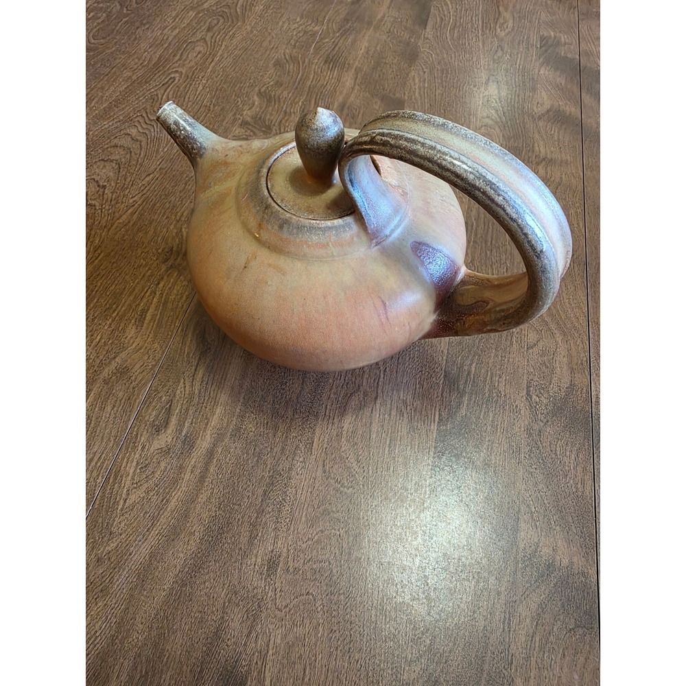 Handcrafted Studio Pottery Teapot Signed Earthy Tan Brown Glaze Bridge Handle - Picture 2 of 9